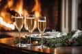Glass of champagne on the background of a burning fireplace, AI Generated Royalty Free Stock Photo