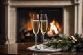 Glass of champagne on the background of a burning fireplace, AI Generated Royalty Free Stock Photo