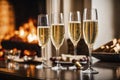 Glass of champagne on the background of a burning fireplace, AI Generated Royalty Free Stock Photo