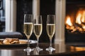 Glass of champagne on the background of a burning fireplace, AI Generated Royalty Free Stock Photo