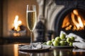 Glass of champagne on the background of a burning fireplace, AI Generated Royalty Free Stock Photo
