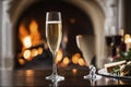 Glass of champagne on the background of a burning fireplace, AI Generated Royalty Free Stock Photo