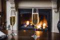 Glass of champagne on the background of a burning fireplace, AI Generated Royalty Free Stock Photo