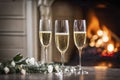 Glass of champagne on the background of a burning fireplace, AI Generated Royalty Free Stock Photo
