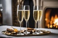Glass of champagne on the background of a burning fireplace, AI Generated Royalty Free Stock Photo