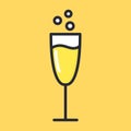 Glass of champagne with bubbles. Yellow drink. Cartoon alcohol icon. Vector flat glass