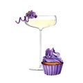 A glass of champagne decorated with flowers and a cupcake. Purple style. Pansies cocktail decoration. Watercolor