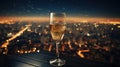 Glass of champagne in the night on the top of a skyscraper over the city, beautiful night city skyline. Generative AI
