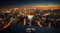 Glass of champagne in the night on the top of a skyscraper over the city, beautiful night city skyline. Generative AI