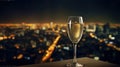 Glass of champagne in the night on the top of a skyscraper over the city, beautiful night city skyline, Generative AI
