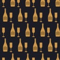 Glass of champagne seamless pattern in art deco style. Alcohol drink glasses and bottle in style of the 1920s-1930s