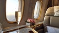 A glass of champagne sits on a tray inside a planes interior design