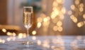 A glass of champagne is sitting on a table with a blurry background Royalty Free Stock Photo