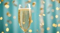 A glass of champagne is sitting on a table with gold confetti, AI Royalty Free Stock Photo