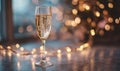A glass of champagne is sitting on a table with a string of lights around it Royalty Free Stock Photo