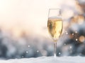 Glass of champagne in snow on light bokeh winter background with free space for text. Crisp champagne, winter celebration. Winter Royalty Free Stock Photo