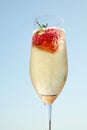 Glass of champagne with a strawberry fizzing in it Royalty Free Stock Photo