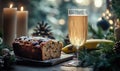 A glass of champagne is on a table next to a loaf of bread Royalty Free Stock Photo