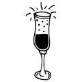 Glass of champagne vector icon. Isolated illustration on white. Hand-drawn doodle. Black outline of a cup with sparkling alcohol. Royalty Free Stock Photo