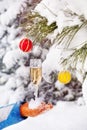 Glass with champagne in winter Royalty Free Stock Photo