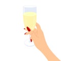 A glass of champagne in a woman\'s hand. Festive illustration vector Royalty Free Stock Photo