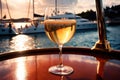 Glass of champagne on yacht in ocean, luxury lifestyle holiday travel