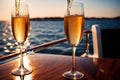 Glass of champagne on yacht in ocean, luxury lifestyle holiday travel