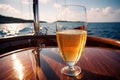 Glass of champagne on yacht in ocean, luxury lifestyle holiday travel