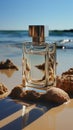 Glass charm A square perfume bottle poised delicately on the pure white beach