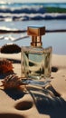 Glass charm A square perfume bottle poised delicately on the pure white beach