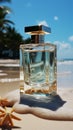 Glass charm A square perfume bottle poised delicately on the pure white beach