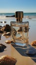 Glass charm A square perfume bottle poised delicately on the pure white beach