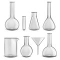 Glass chemical equipment. Realistic test tubes. 3D transparent laboratory instruments set. Scientific measuring containers. Vector Royalty Free Stock Photo