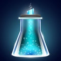 Glass chemical flask with magical blue liquid