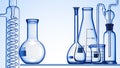 Glass chemistry lab equipment on blue background. Chemistry Lab concept. 3d