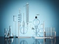 Glass chemistry lab equipment on blue background. 3d rendering