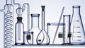 Glass chemistry lab equipment on blue background. Chemistry Lab concept. 3d