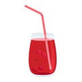 Glass of cherry juice with straw and two cherries inside. Refreshing fruit beverage. Summer drink concept vector
