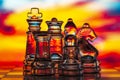 Glass chess pieces, king, queen, knight, bishop, rook and pawn. Macro Royalty Free Stock Photo