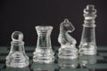 Glass chess team: king, pawn, knight and rook