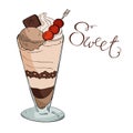 Glass with chocolate and cherry parfait or ice cream. Vector ink sketch.