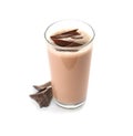 Glass of chocolate protein shake and ingredient isolated Royalty Free Stock Photo