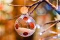 Glass Christmas ball decoration partly filled with white balls and with reed spots