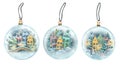 Glass Christmas balls, transparent with cute houses inside and snow. Watercolor illustration. Three isolated toys on a Royalty Free Stock Photo