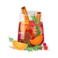 Glass of christmas punch with cinnamon, orange, rosemary, apple, cranberry and ale isolated on white background. Holiday winter