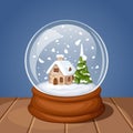 Glass Christmas snow globe with house and fir-tree. Vector illustration. Royalty Free Stock Photo