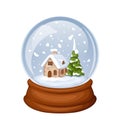 Glass Christmas snow globe with house and fir-tree. Vector illustration. Royalty Free Stock Photo