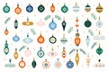 Glass Christmas tree toys. Set of hanging Christmas baubles isolated on white background. Decorative design elements in flat style Royalty Free Stock Photo