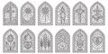 Glass church windows with mosaic. Religious catholic and christian frames with pattern. Medieval stained arches isolated Royalty Free Stock Photo