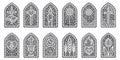 Glass church windows with mosaic. Religious catholic and christian frames with pattern. Medieval stained arches isolated Royalty Free Stock Photo